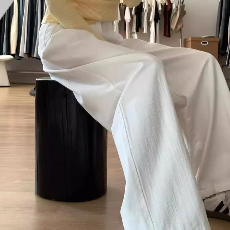 美式复古高腰宽松白色阔腿裤女2025夏季新款肌理感褶皱直筒牛仔裤