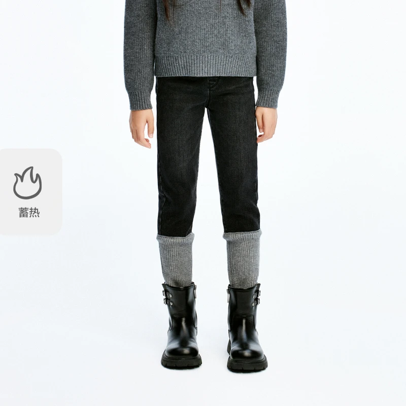 littlemoco童装24冬新款女童蓄热牛仔长裤假两件袜套#KBD4JEN015