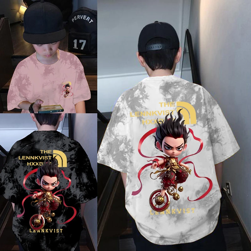 儿童哪吒扎染短袖T恤2025夏装新款童装纯棉印花潮流男女童上衣潮