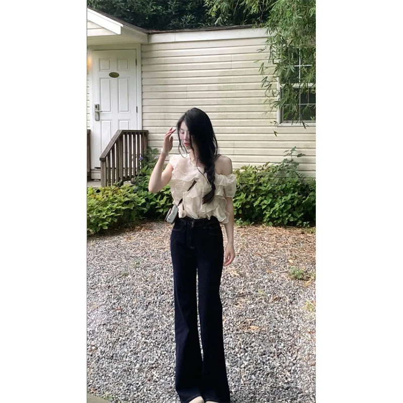 2025夏季新款甜美风设计感斜肩显瘦百搭减龄上衣高腰显瘦微辣裤潮