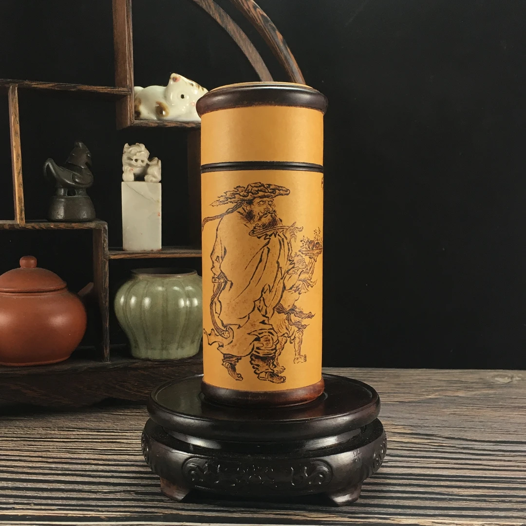 柳氏烙艺岁朝佳兆 手工烙画便携式葫芦茶叶罐茶叶筒茶具摆件把件B