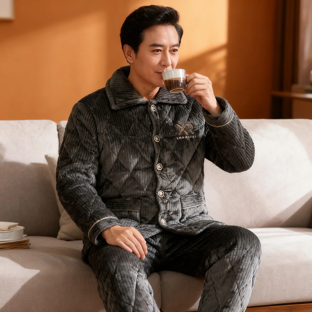 冬季男士三层夹棉加厚特厚牛奶绒家居服睡衣保暖防寒2025