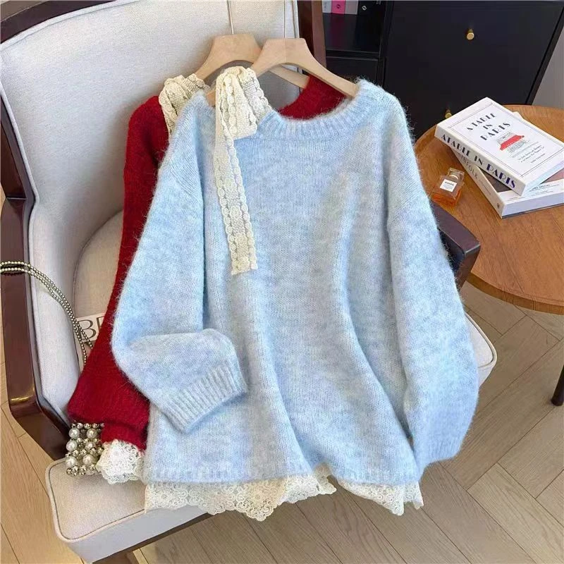 轻职温柔风蕾丝拼接露肩毛衣2024冬新款设计宽松慵懒针织衫外套女