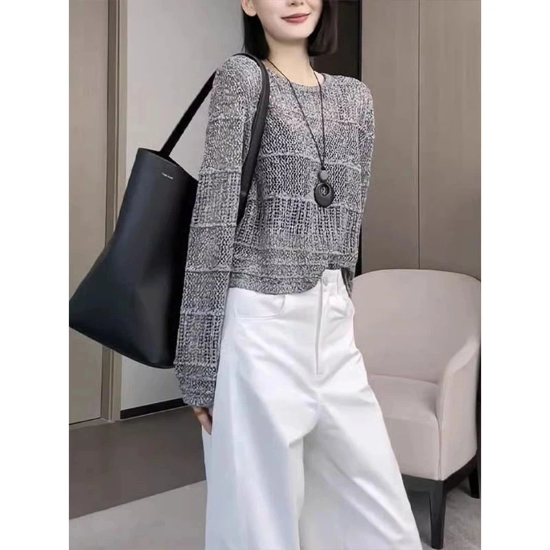2025春夏新款高级感洋气独特别致超好看灰色镂空上衣女短款针织衫