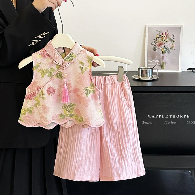 女宝宝中式中国风女童薄款套装碎花唐装洋气小女童新中式套装