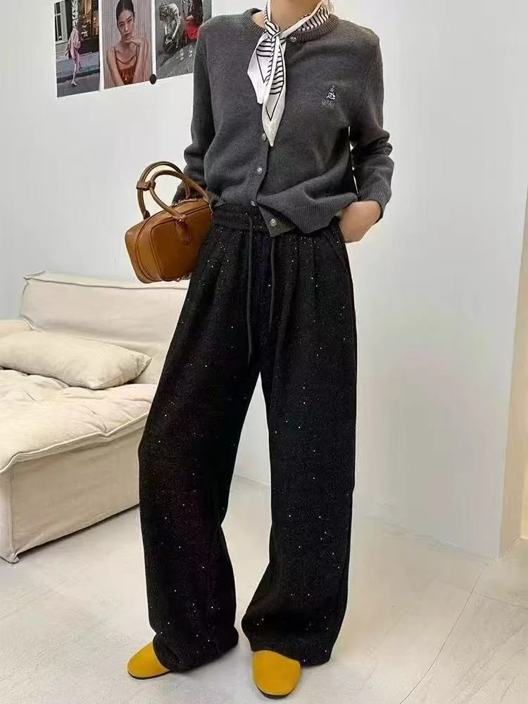 【肉总】春款松紧腰镶钻休闲阔腿裤