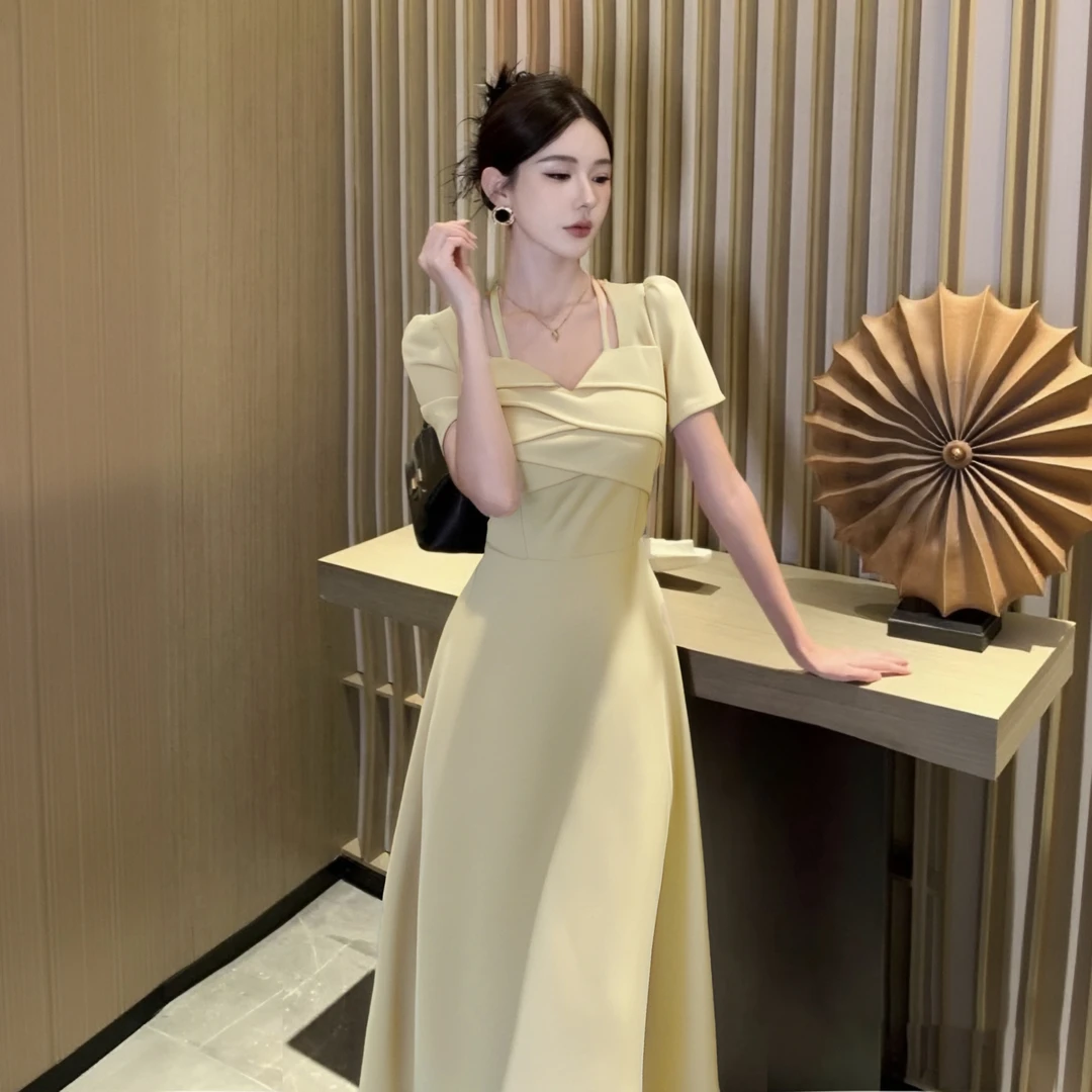 A法式挂脖垂坠感连衣裙女夏新款微胖mm收腰显瘦气质白色裙子6888
