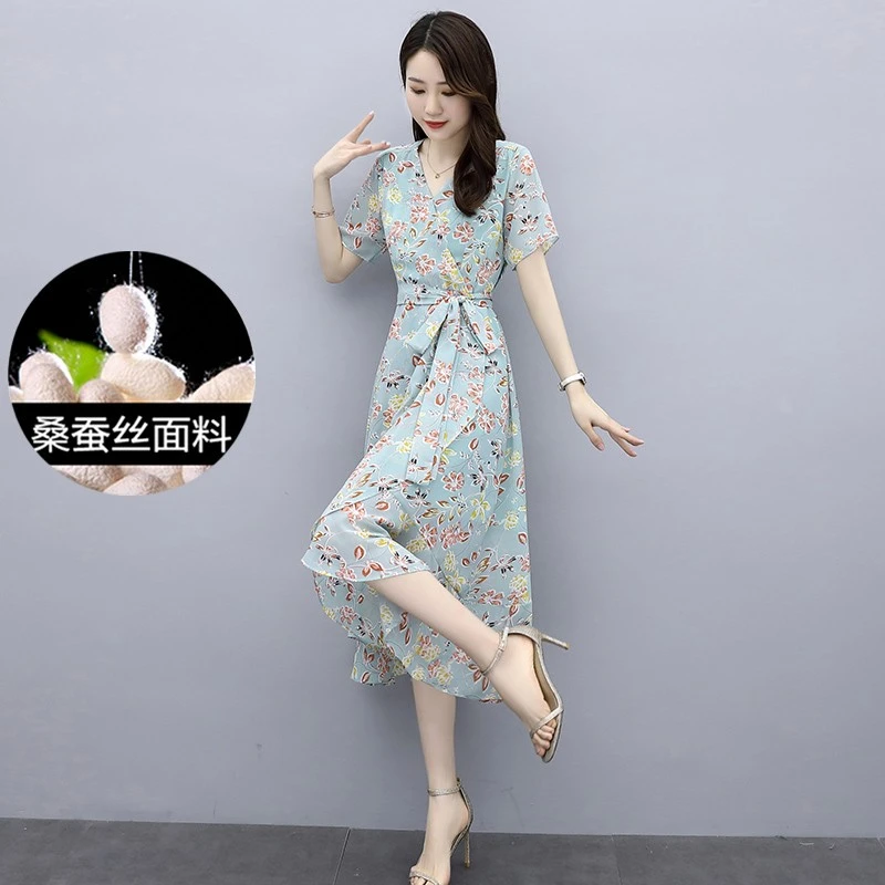 冰丝连衣裙国际大牌夏2025新款收腰显瘦荷叶边高端桑蚕丝碎花长裙