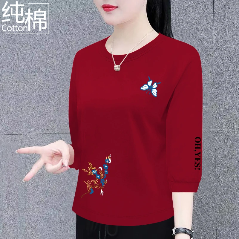 纯棉七分袖圆领t恤女卫衣女韩版洋气大码印花时尚上衣显瘦体恤衫