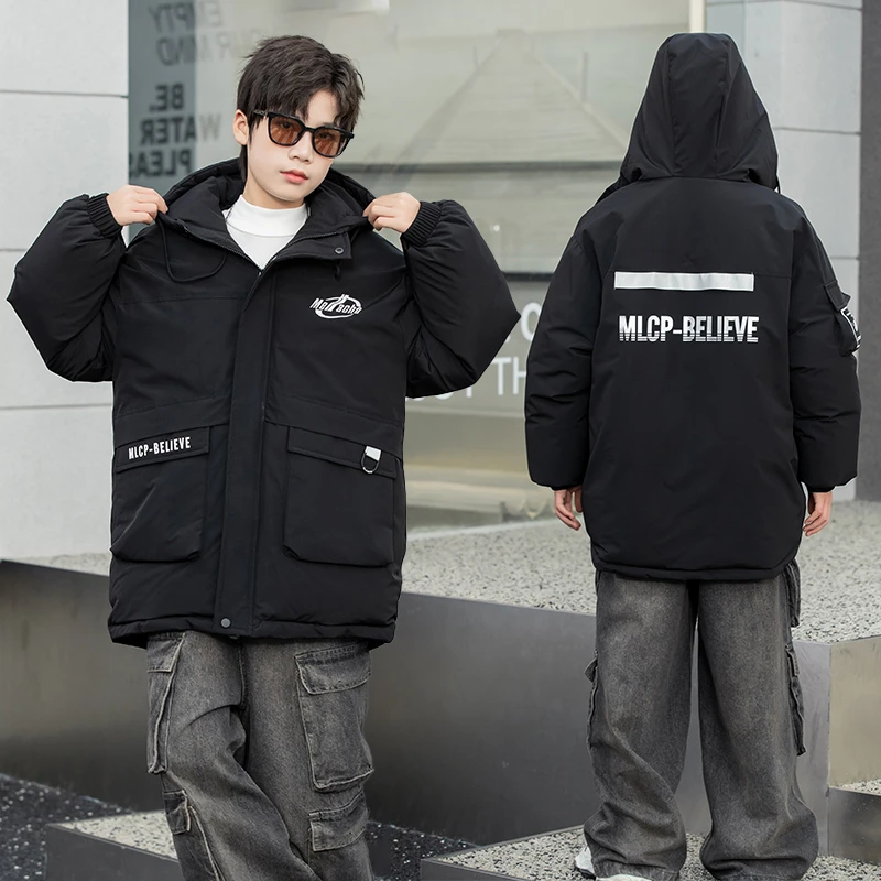 男童棉衣冬款新款儿童加棉加厚连帽派克服大童中长款男孩棉袄潮