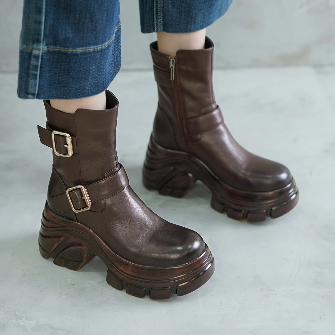 9cm坡跟复古短靴女真皮美拉德机车靴小个子皮带扣圆头厚底骑士靴