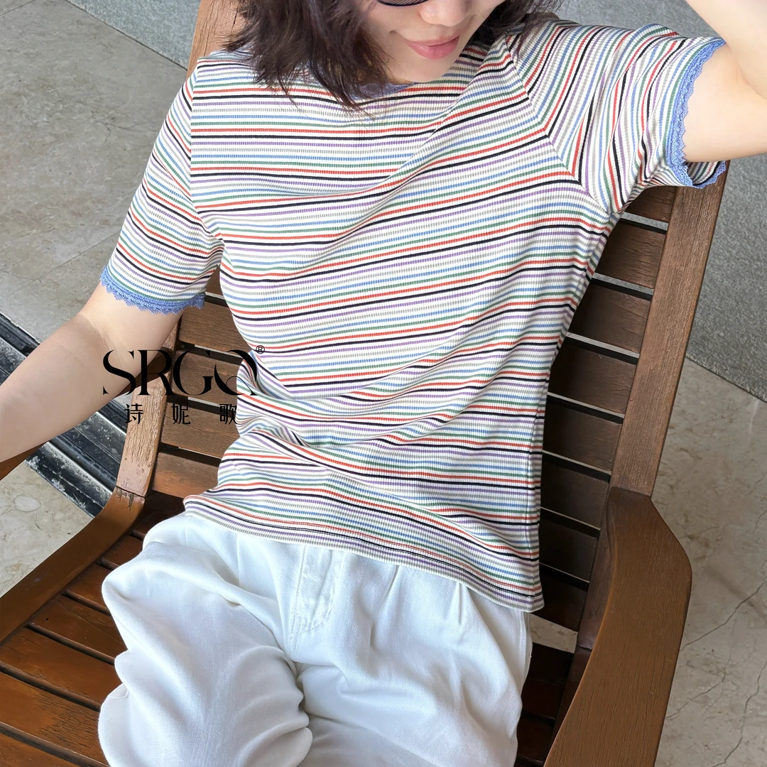 诗妮歌 | 彩虹条纹T恤 花边彩条圆领短袖夏日多巴胺薄款透气