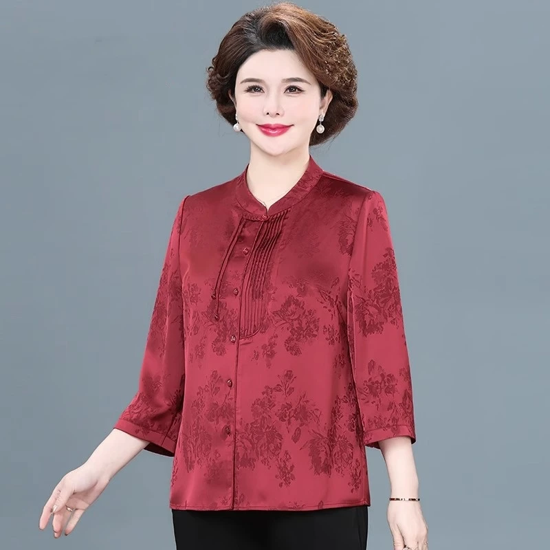 中老年女式春夏2025新款小衬衫T恤妈妈国风洋气高贵上衣两件套装
