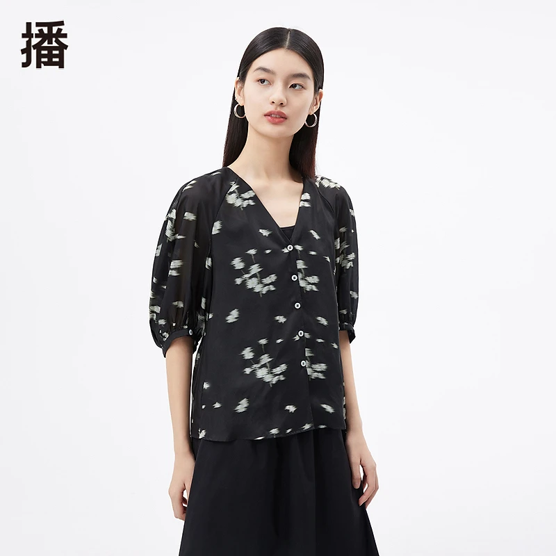 【达人专属】播新款时尚显瘦衬衣文艺印花衬衫无由的花BDQ2HD1668