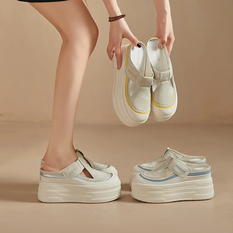 增高9cm包头半拖鞋女外穿2025夏新款镂空小白鞋厚底内增高女鞋子