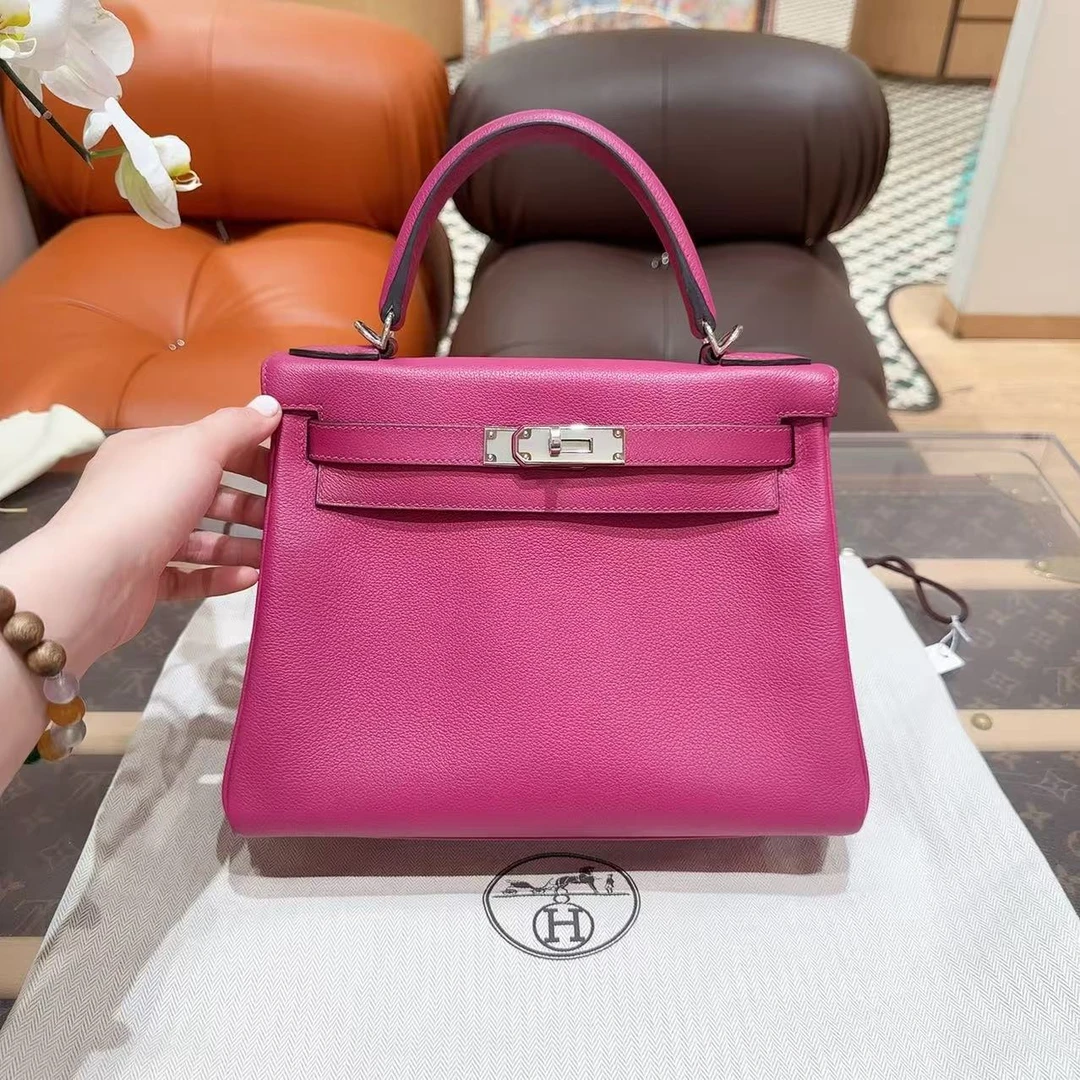 99新 Hermes/爱马仕 Kelly 28 L3玫瑰紫银扣 evercolor皮 A刻