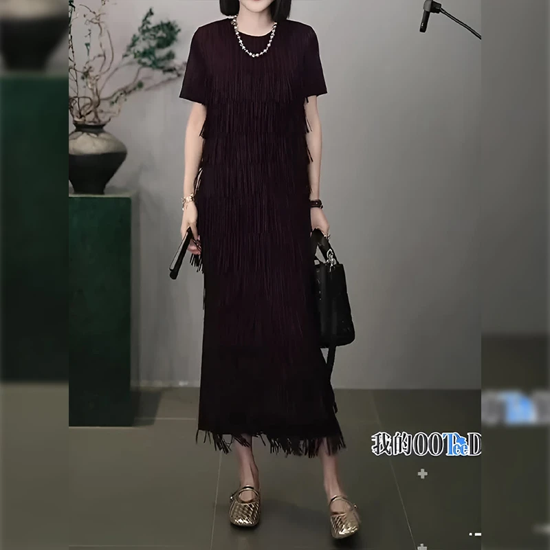 2025春夏新款紫色时尚圆领垂坠感层叠流苏短袖连衣裙休闲风长裙子