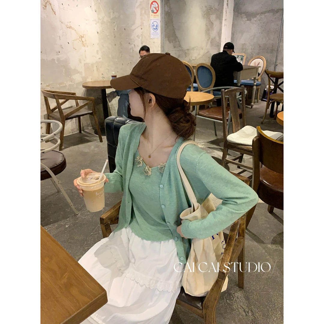 【C·Cai】韩系氛围感套装立体花朵吊带一整套5511#长袖开衫慵懒