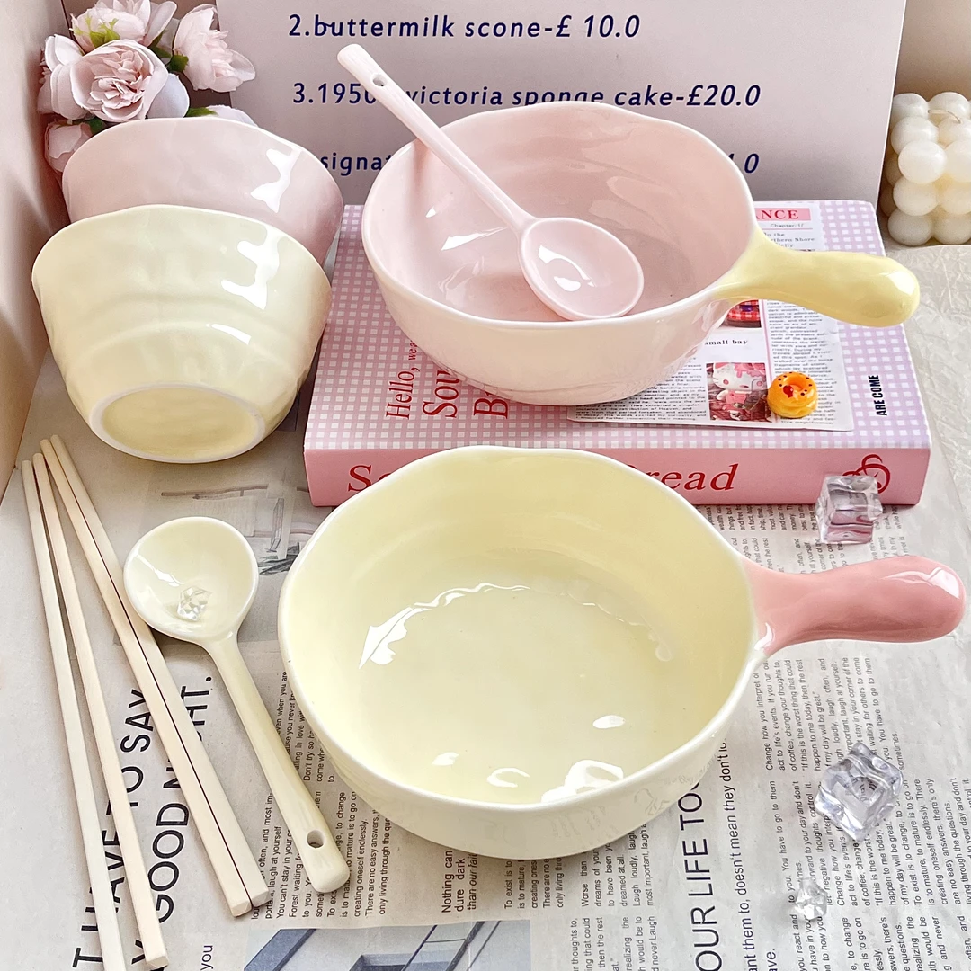 fufu奶油高颜值撞色餐具陶瓷手柄家用耐高温一人食泡面饭碗套装