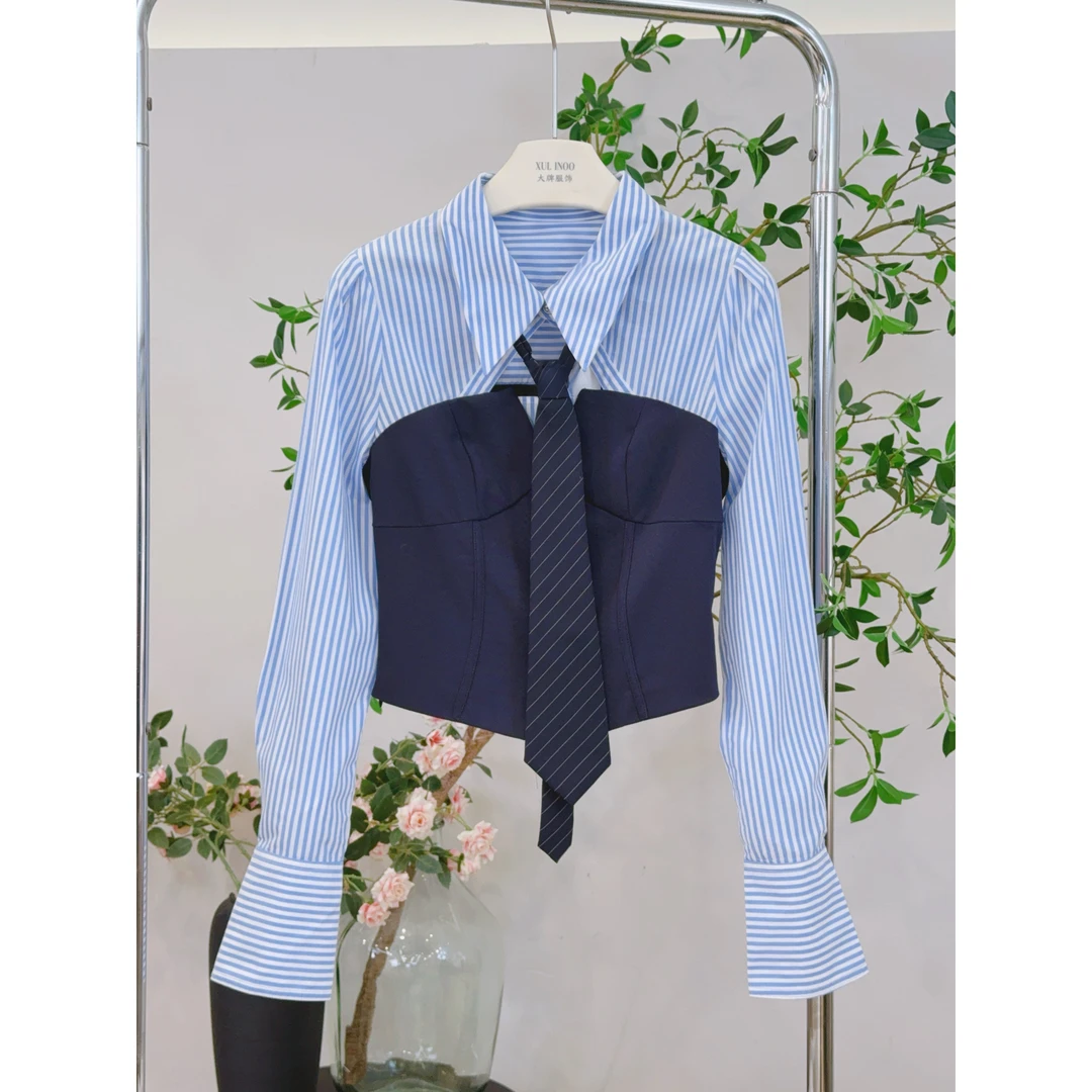 丨早秋新款时尚百搭蓝色格纹领结长袖衬衫 0932