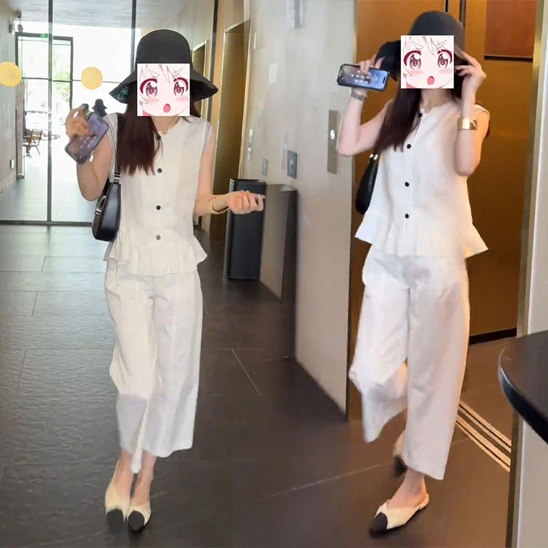 极简风时尚夏季小个子甜美减龄花边无袖上衣直筒休闲裤子两件套装