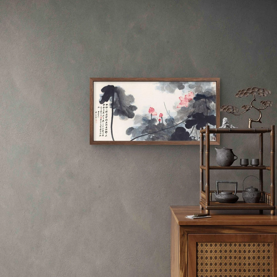 004-35*68水墨荷花中式装饰画木框玄关书房茶室客厅挂画