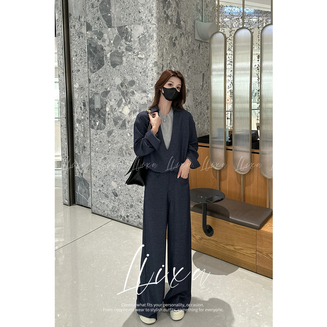 Liixu复古牛仔拼接假两件卫衣女2025春季阔腿裤两件套L51TZ024