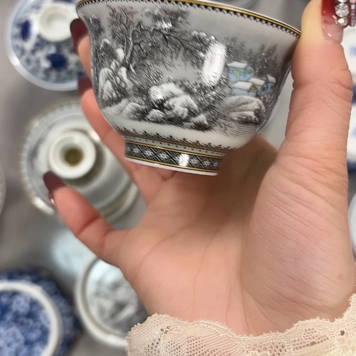 陶摆件雪景压手主人杯