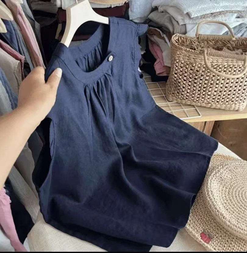 夏季新款圆领飞飞袖文艺复古休闲宽松上衣