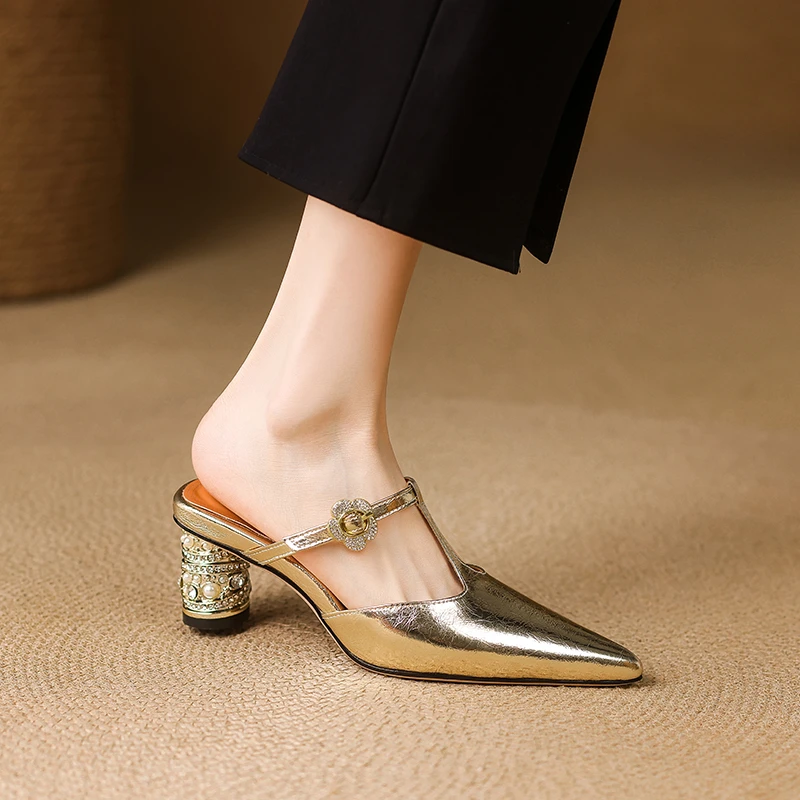 轻奢鞋子新款夏季外穿包头凉拖修面皮粗跟银色半拖时尚青年日常