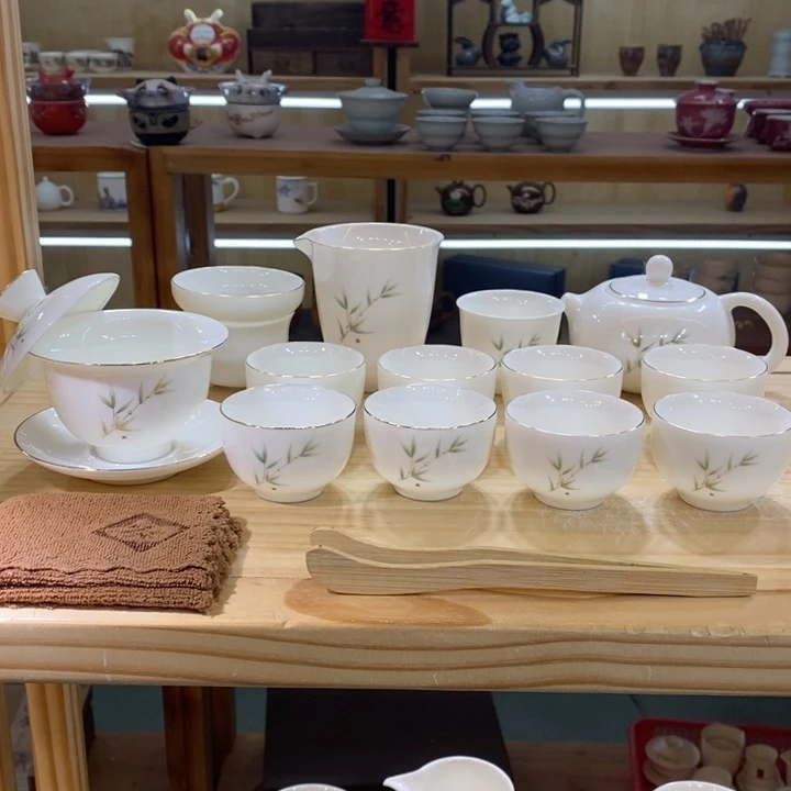 竹报平安羊脂玉茶具套装