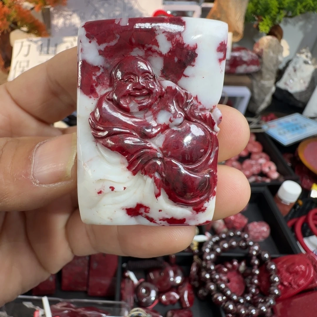 天然辰砂朱砂原石弥勒佛吊坠