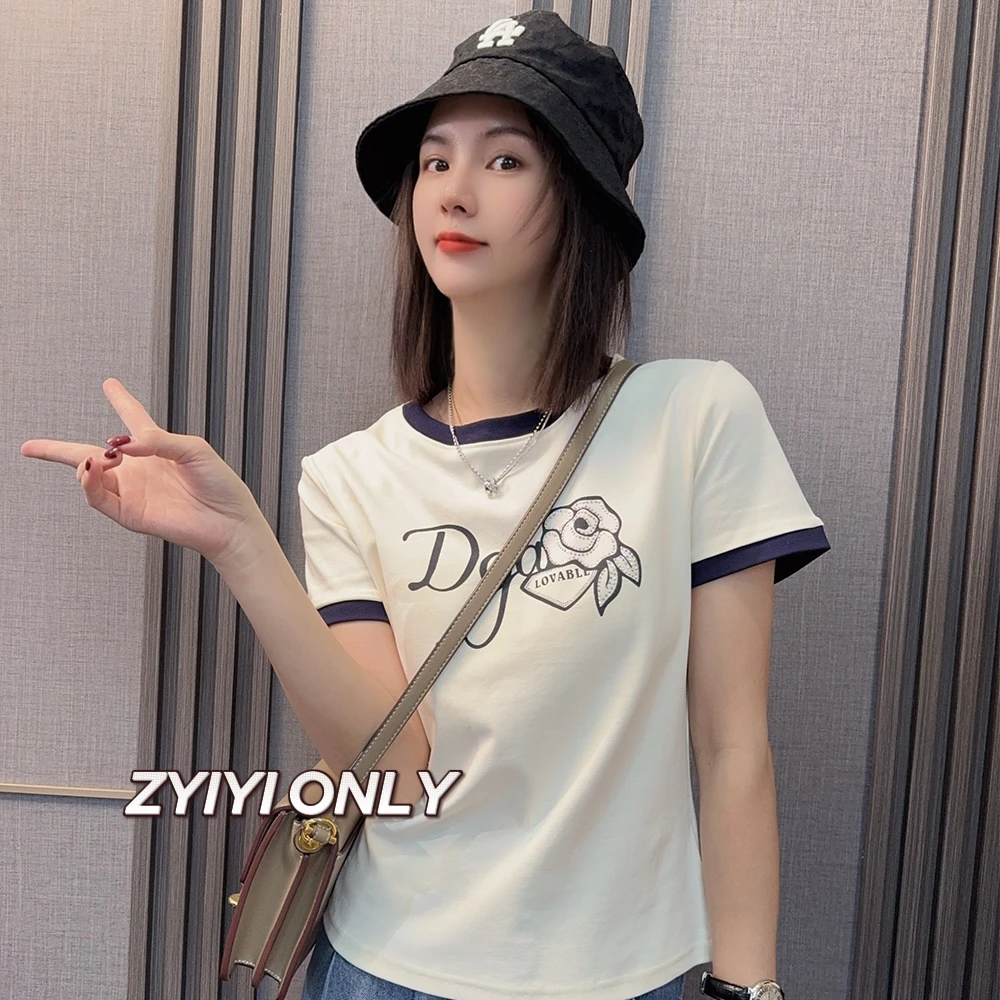 【闪钻玫瑰】2025春夏新款短袖T恤修身显瘦印花烫钻百搭上衣女