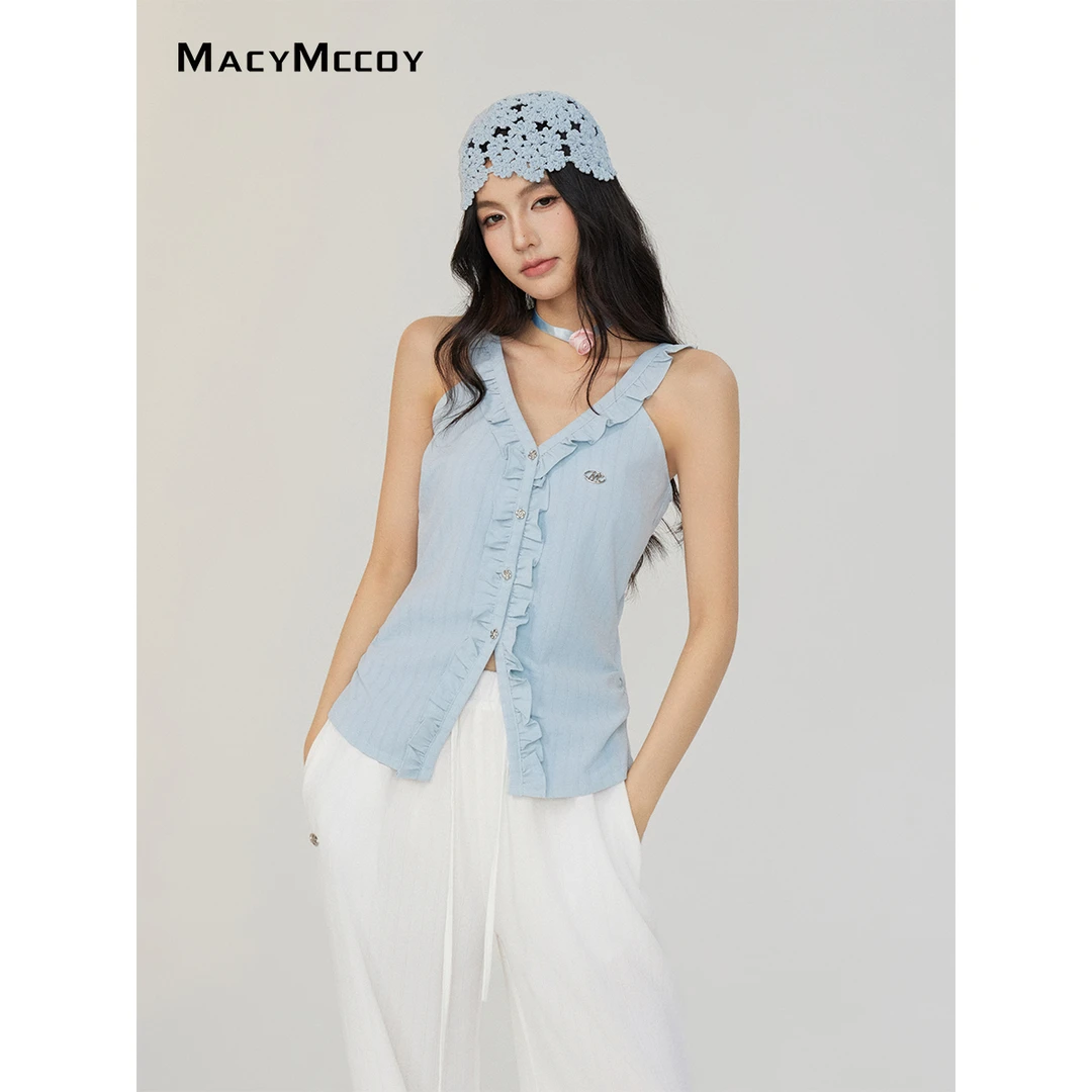 【毛毛专享】MacyMccoy V领花边褶皱背心女计感亲肤透气百搭上衣