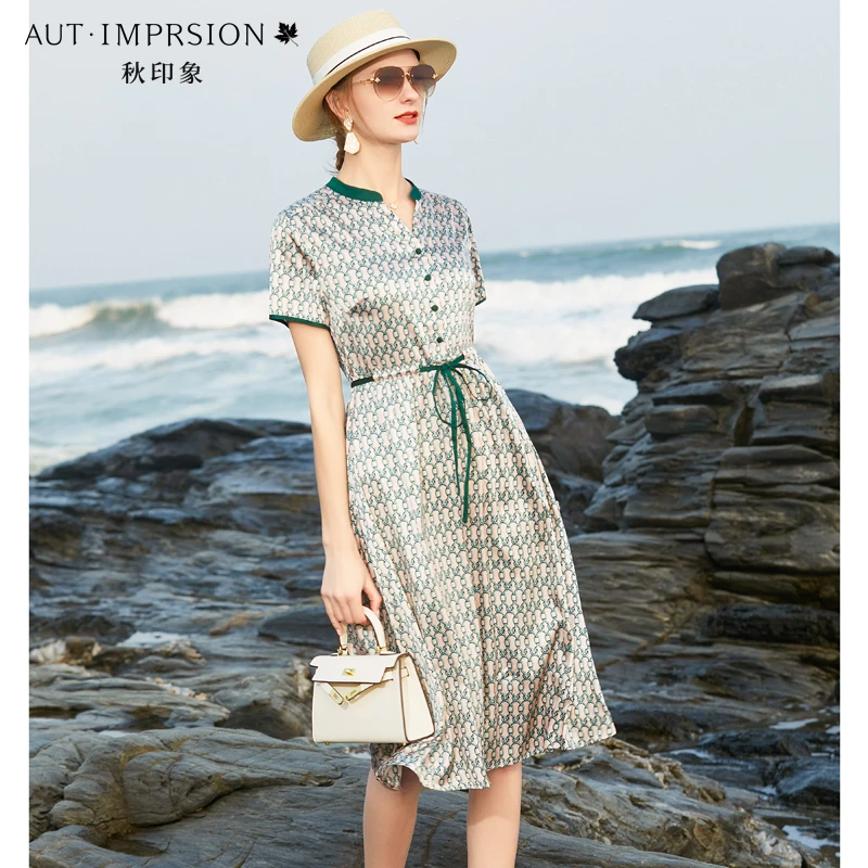 商城品质高端重磅真丝连衣裙2025夏装短袖显瘦气质桑蚕丝长款裙子