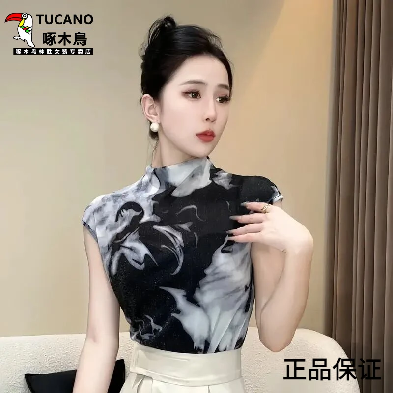 啄木鸟2025新款水墨画扎染短袖时尚百搭上衣