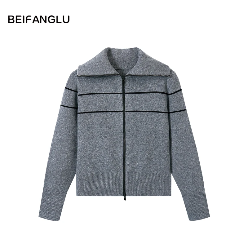 北方鹿【bc老钱风穿搭】100%绵羊毛气质条纹拉链翻领针织衫M96D0469