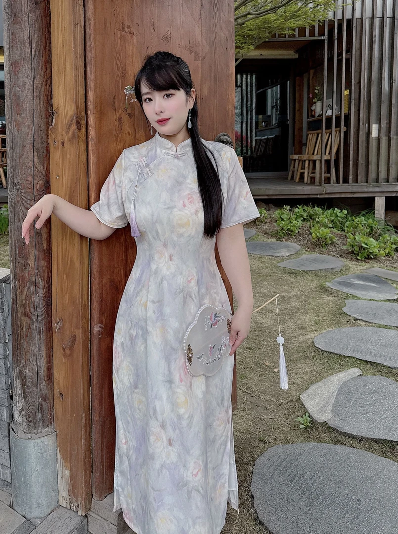 51176胖MM新中式改良旗袍2025夏季新款甜美印花大码连衣裙