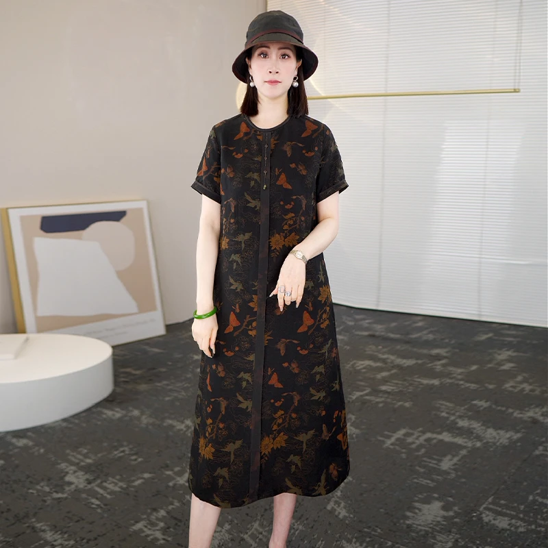 2025夏季时尚浪漫大牌杭州真丝香云纱连衣裙女气质妈妈桑蚕丝裙子