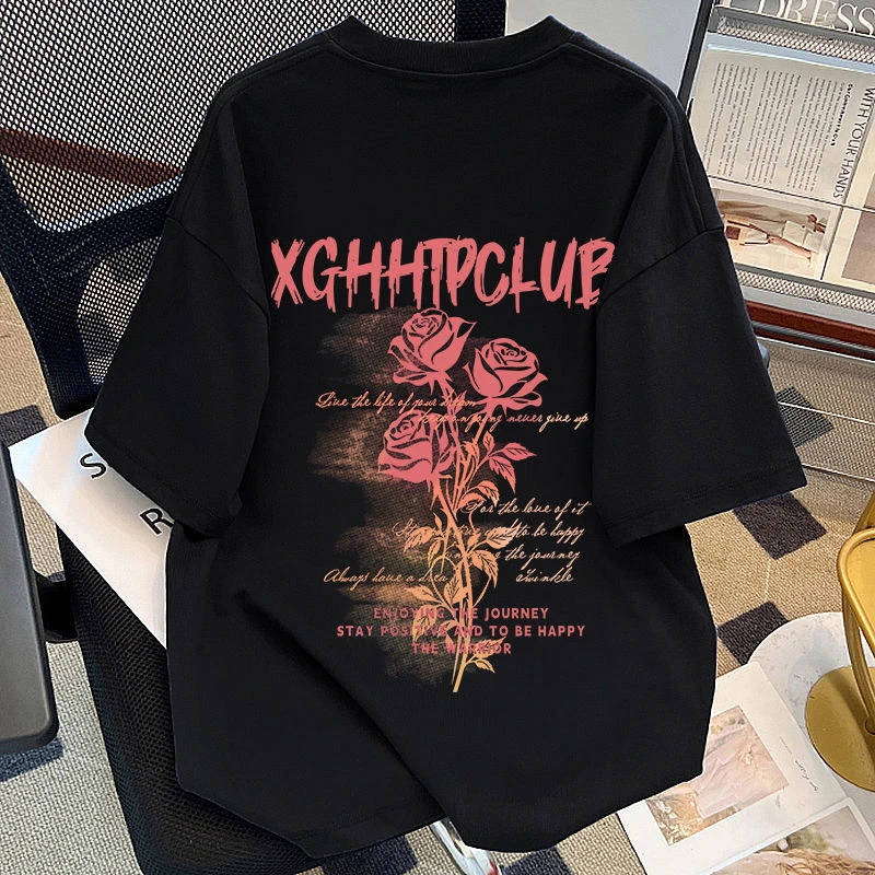 2025夏季新款高级感玫瑰印花宽松大码短袖T恤男女款高街个性体恤
