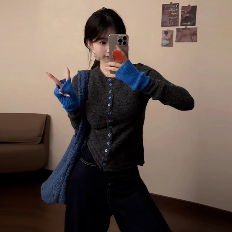 撞色针织衫女春秋冬新款软糯开衫毛衣圆领长袖慵懒风上衣
