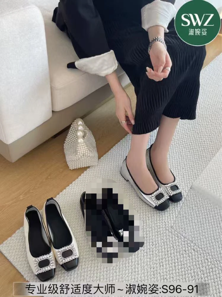 水钻方扣拼色蛋卷鞋春季韩版新款方头浅口平跟软底小单鞋船鞋