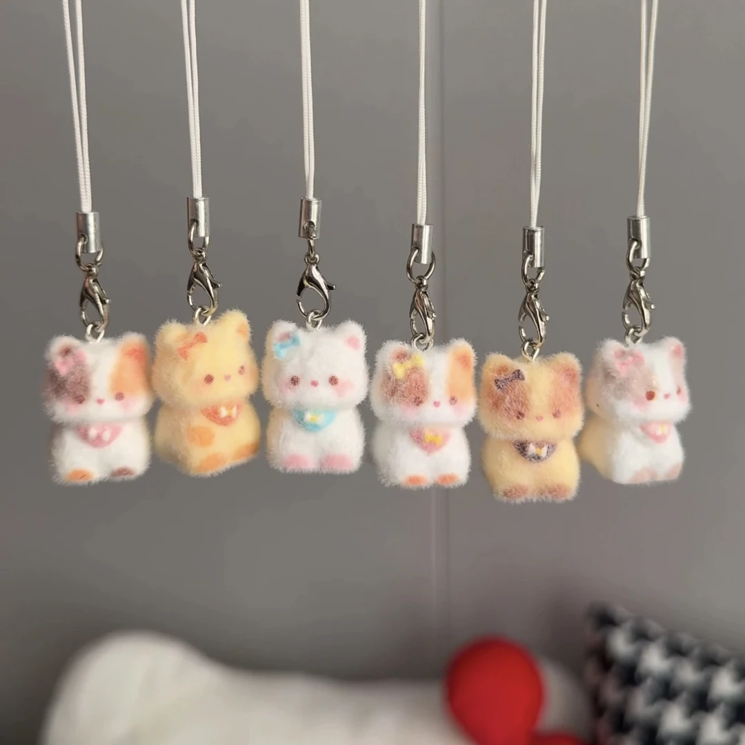 可爱植绒猫咪手机绳立体树脂钥匙链挂件手机挂饰包包情侣闺蜜礼物