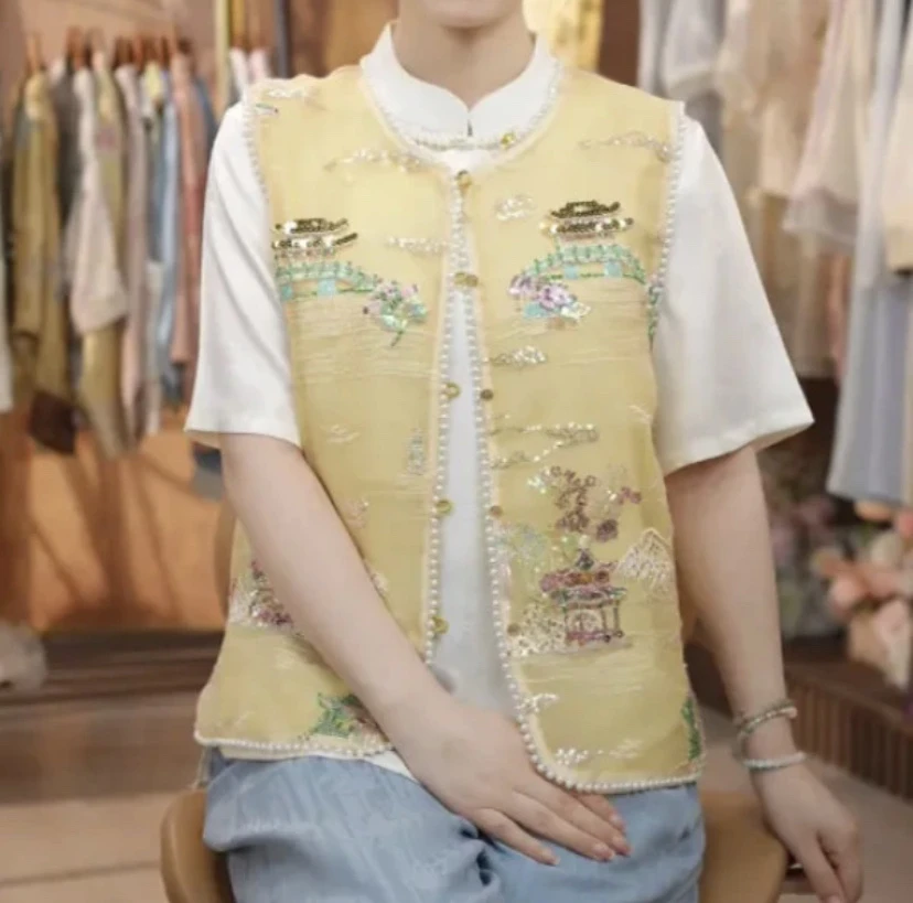 【月烟】夏季2025新款马甲女装新中式圆领钉珠绣花薄款气质马夹