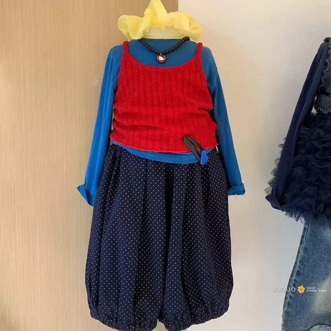童装女童多巴胺套装秋季小女孩彩色叠穿针织吊带打底衫波点灯笼裤