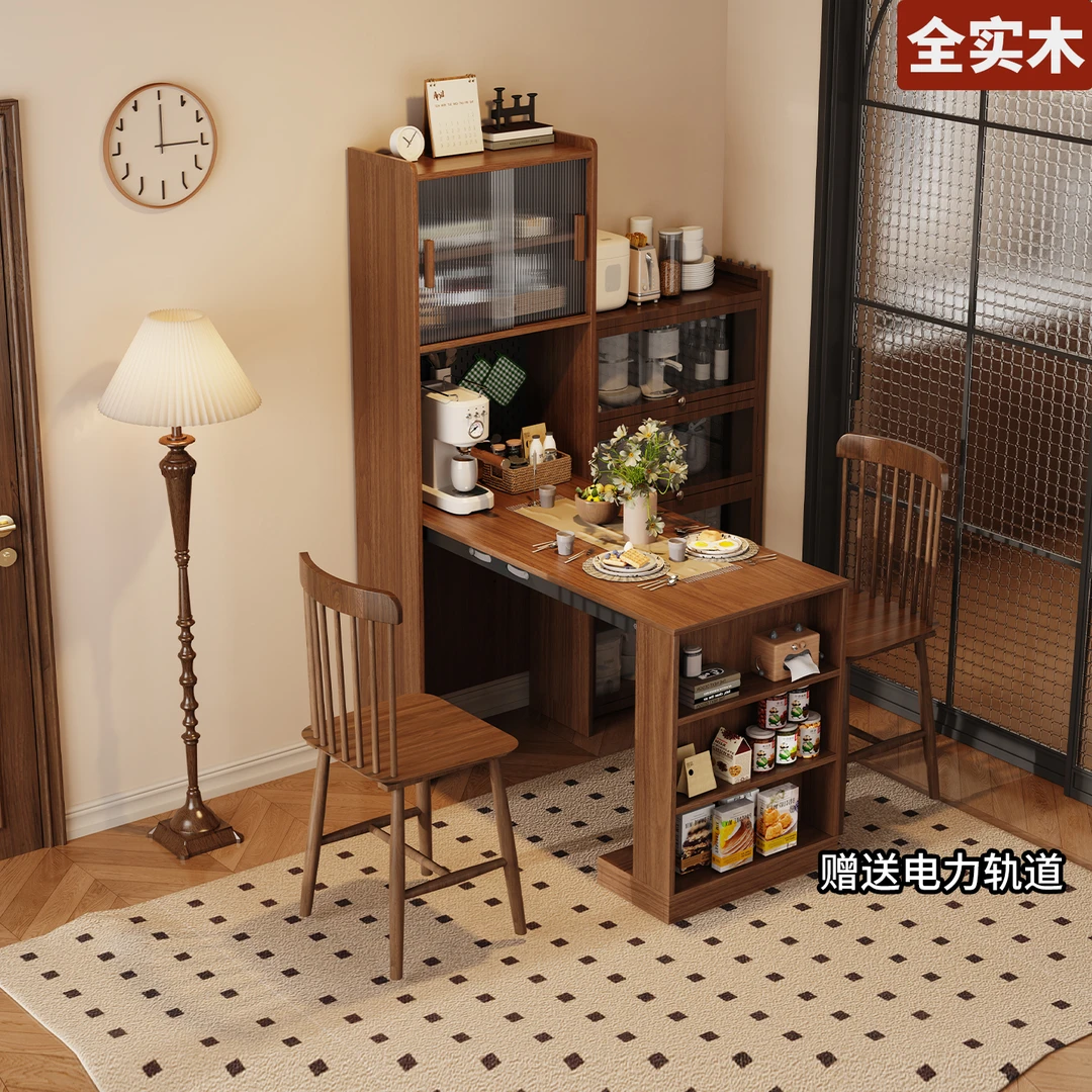 实木餐边柜靠墙一体储物柜家用客厅餐桌可折叠长桌沙发窄边柜复古