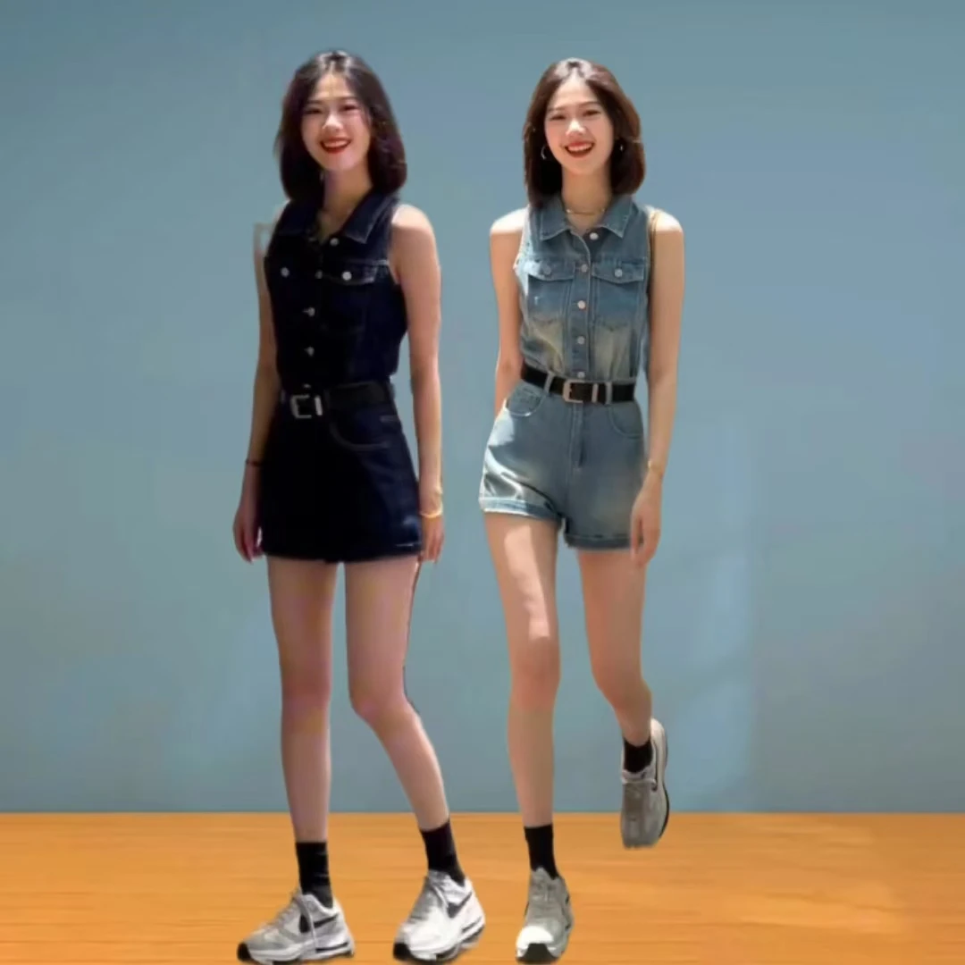 时尚气质牛仔显瘦套装女夏季新款高腰修身个性个性无袖上衣短裤