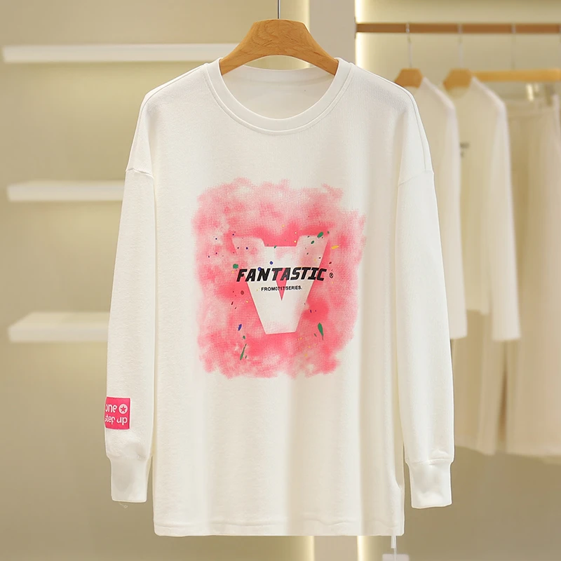 【伍莎-自营】休闲风印花宽松加绒圆领T恤#PHD48X004