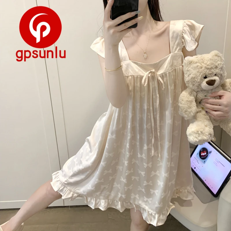 gpsunlu大码甜美冰丝睡裙女夏季2025新款少女小飞袖睡衣家居服