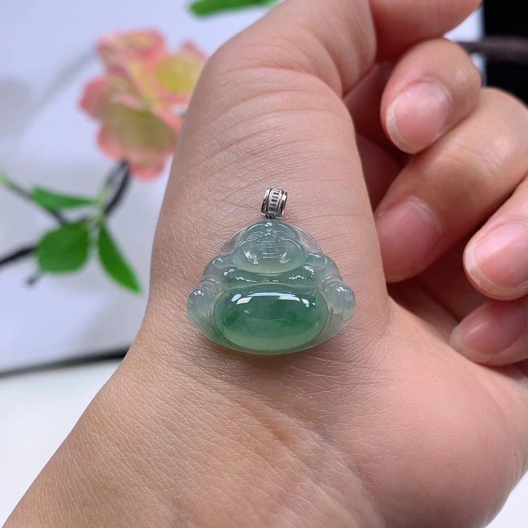 老坑老料缅甸天然翡翠A货冰绿底色18K金镶嵌百搭小佛公锁骨链吊坠